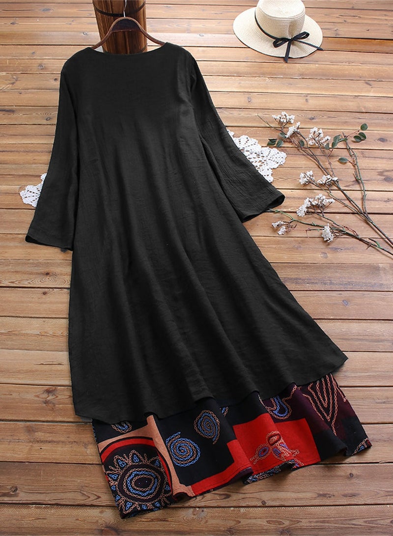 Loquat Women's Fashion With Indian Style Long Skirt Cotton Linen Breathable Dress Black - Image 2