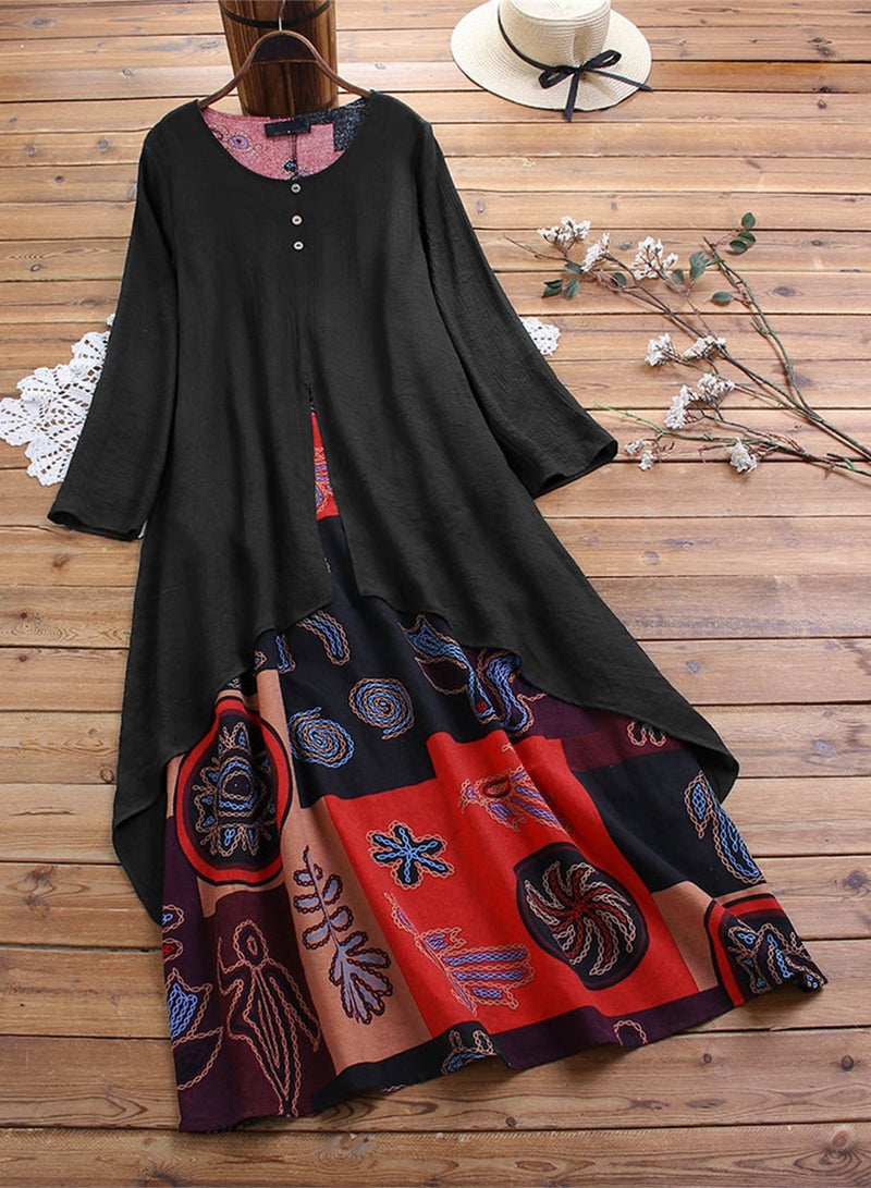 Loquat Women's Fashion With Indian Style Long Skirt Cotton Linen Breathable Dress Black - Image 1