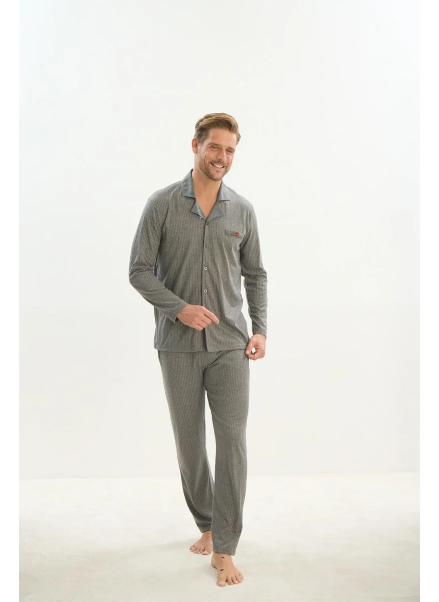 Sevim Men's Long Sleeve Shirt Collar Front Buttoned Gray Pajama Set C2T3N5O9
