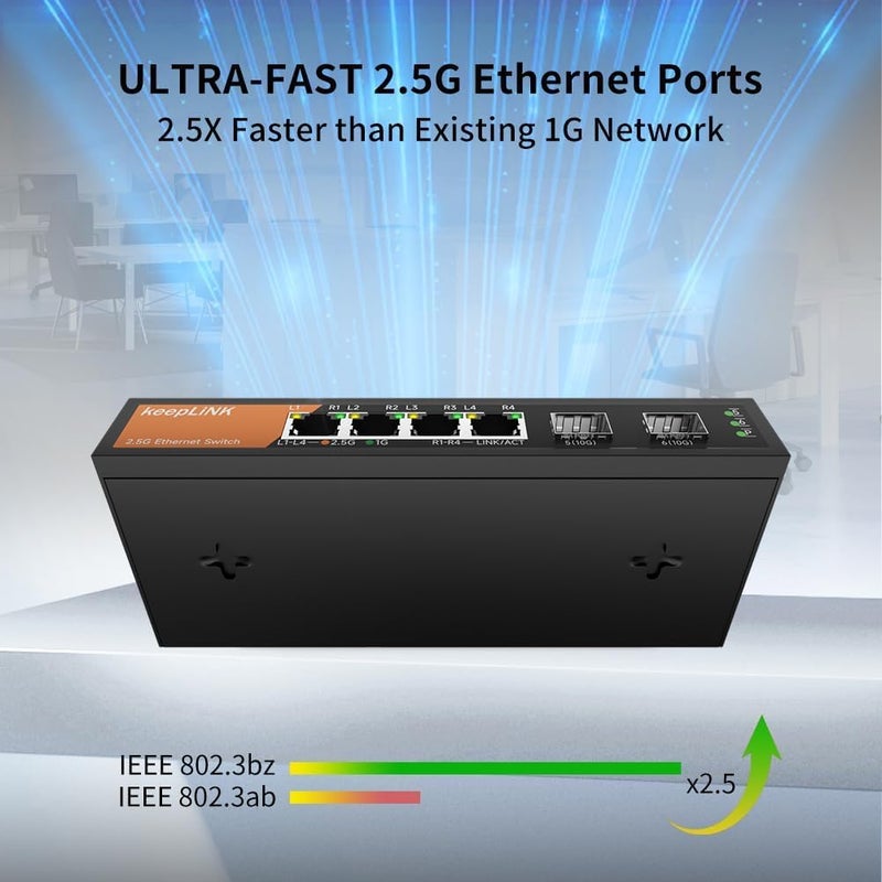 keepLiNK مبدل 2.5G غير مُدار بـ 6 منافذ، 4 منافذ 2.5GBASE-T ومنفذين SFP 10GBASE-T، سعة تبديل 60 جيجابت في الثانية، توصيل وتشغيل / قابل للتثبيت على الحائط / معدني بدون مروحة، متوافق مع أجهزة 1000 ميجابت في الثانية - Image 4