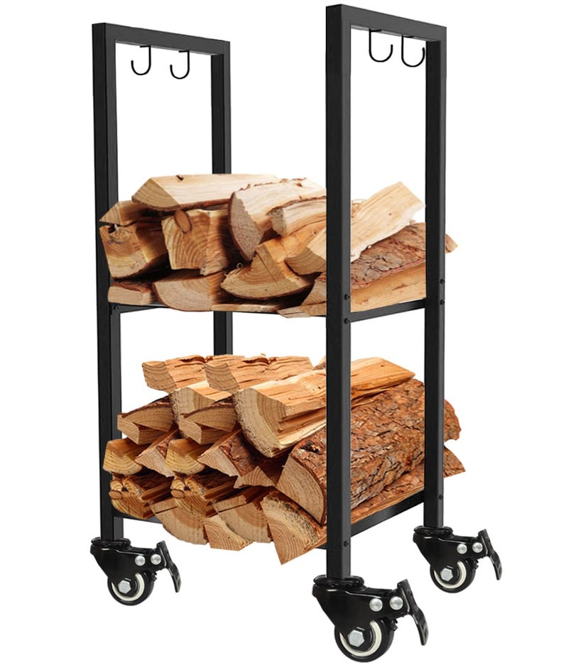 Koutemie 2 Tiers Small Firewood Log Storage Rack Holder with Wheels for Indoor Fireplace or Outdoor Patio, Black - Image 1