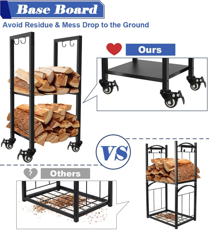 Koutemie 2 Tiers Small Firewood Log Storage Rack Holder with Wheels for Indoor Fireplace or Outdoor Patio, Black - Image 4