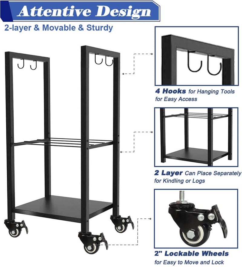 Koutemie 2 Tiers Small Firewood Log Storage Rack Holder with Wheels for Indoor Fireplace or Outdoor Patio, Black - Image 3