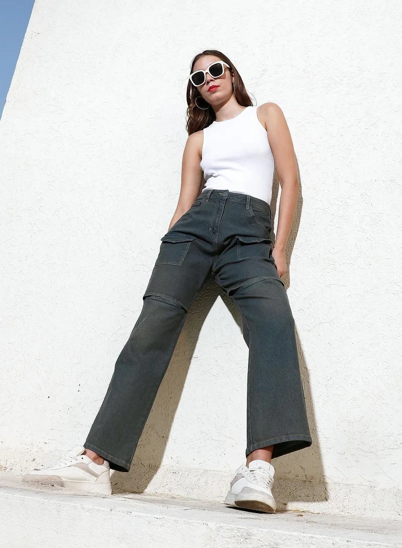 Pinacolada  Women's Navy Blue Flared Cargo Denim Jeans For Casual Wear | High-Waist | Relaxed Fit | Button Closure | Denim Jeans Crafted With Comfort Fit For Everyday Wear for Women | Best Price UAE