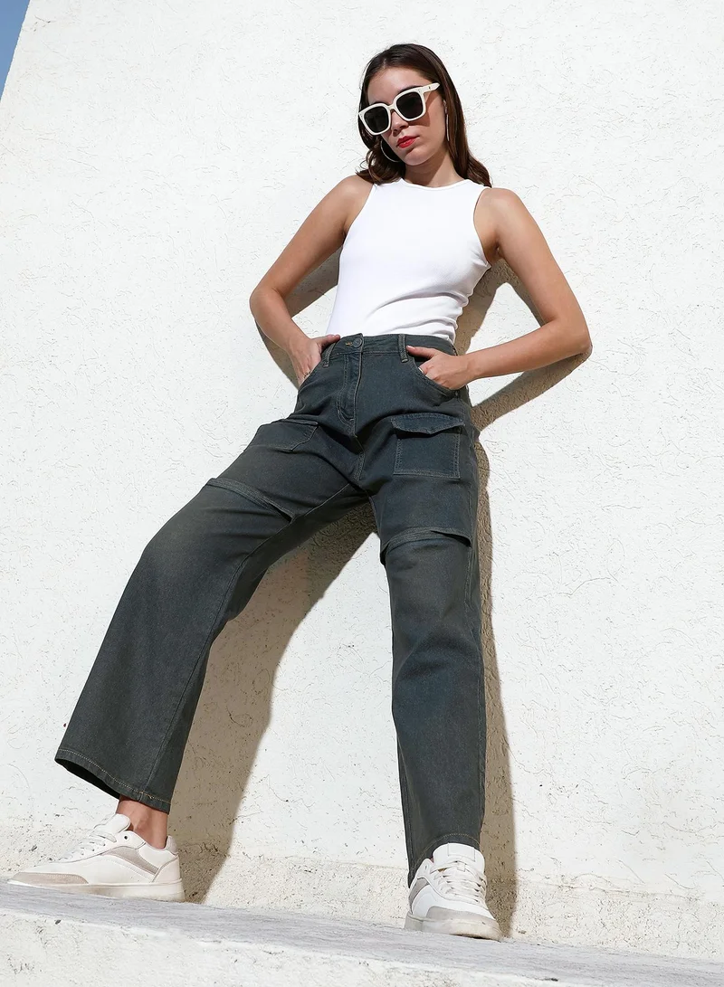 Pinacolada  Women's Navy Blue Flared Cargo Denim Jeans For Casual Wear | High-Waist | Relaxed Fit | Button Closure | Denim Jeans Crafted With Comfort Fit For Everyday Wear for Women | Best Price UAE