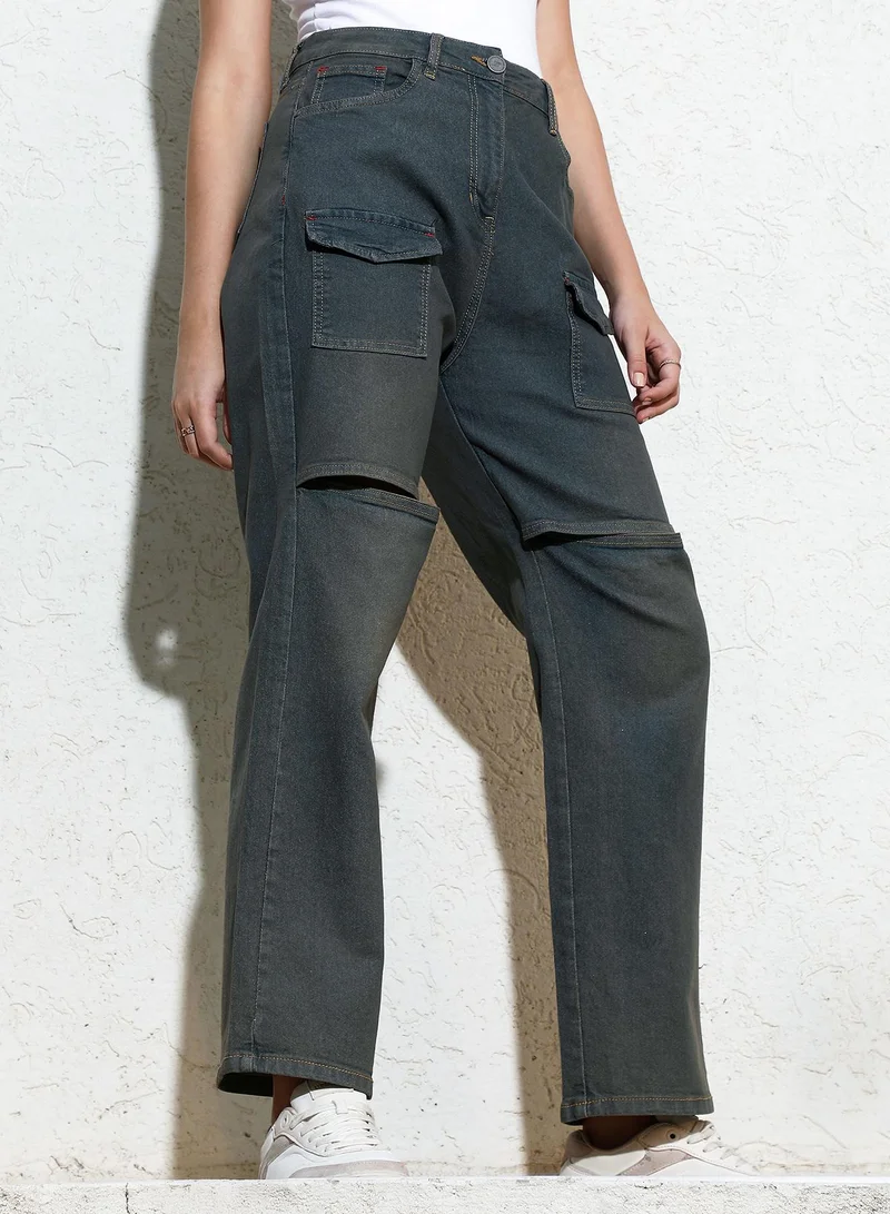 Pinacolada  Women's Navy Blue Flared Cargo Denim Jeans For Casual Wear | High-Waist | Relaxed Fit | Button Closure | Denim Jeans Crafted With Comfort Fit For Everyday Wear for Women | Best Price UAE