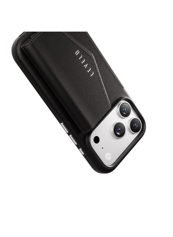ليفيلو جراب ماج سيف لهاتف آيفون 17 برو مع محفظة فيرتكس قابلة للفصل من جلد البولي يوريثان / حواف مرتفعة للكاميرا والشاشة / مقاوم للصدمات / غطاء خلفي من الجلد بالكامل - أسود - Image 2