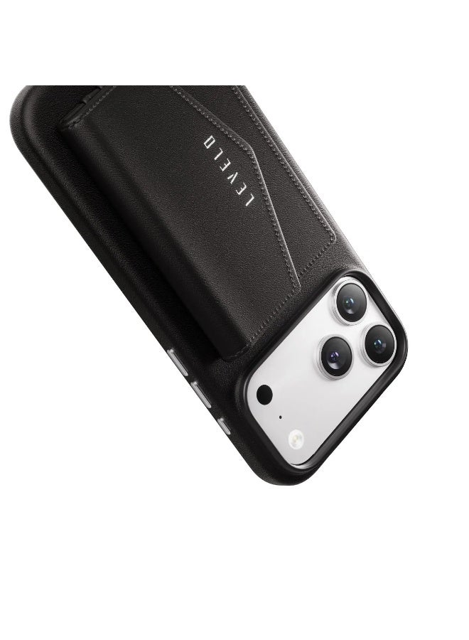 ليفيلو جراب ماج سيف لهاتف آيفون 17 برو مع محفظة فيرتكس قابلة للفصل من جلد البولي يوريثان / حواف مرتفعة للكاميرا والشاشة / مقاوم للصدمات / غطاء خلفي من الجلد بالكامل - أسود - Image 5