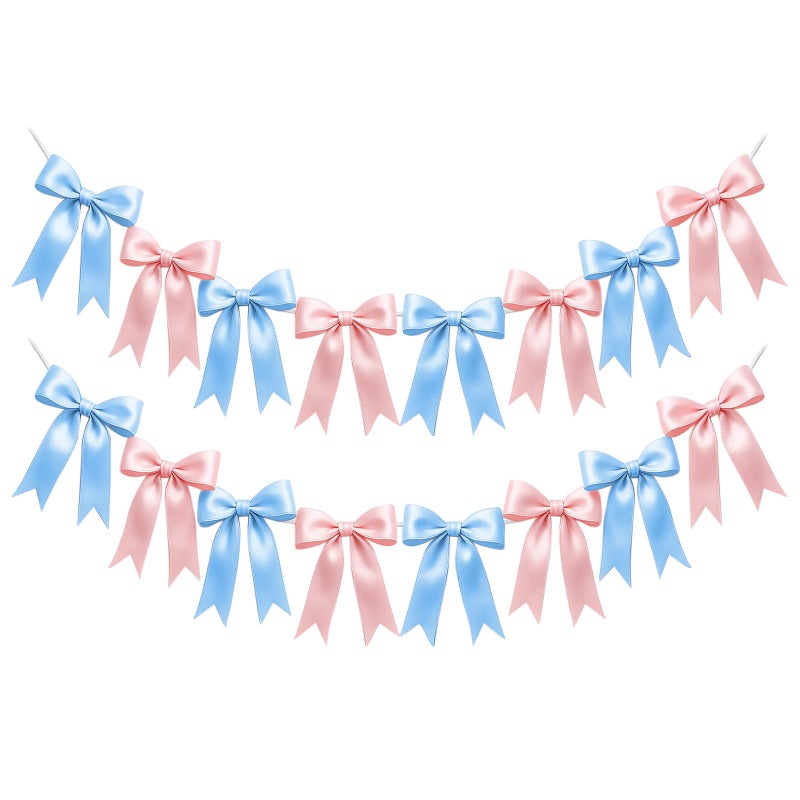 EONSUI 2 Strings of 16PCS Baby Pink&Baby Blue Bow Garlands Banner Decoration,Pre-Strung Satin Ribbon Ornaments for Gender Reveal Party,Baby Shower,Birthday,Bridal Shower,Graduation Decor,Anniversary,Wedding - Image 1