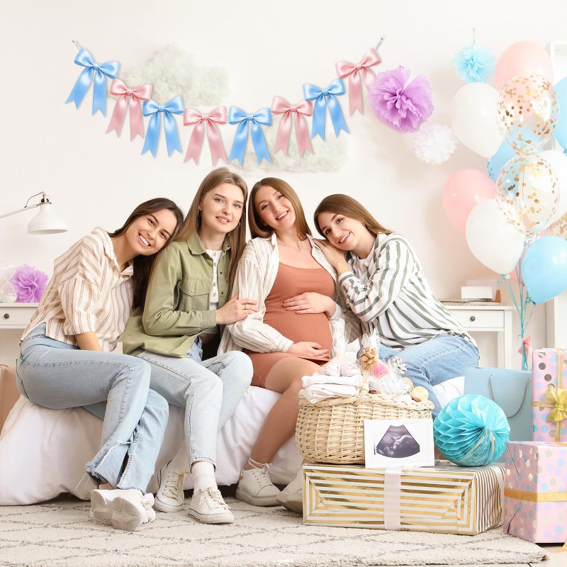 EONSUI 2 Strings of 16PCS Baby Pink&Baby Blue Bow Garlands Banner Decoration,Pre-Strung Satin Ribbon Ornaments for Gender Reveal Party,Baby Shower,Birthday,Bridal Shower,Graduation Decor,Anniversary,Wedding - Image 5