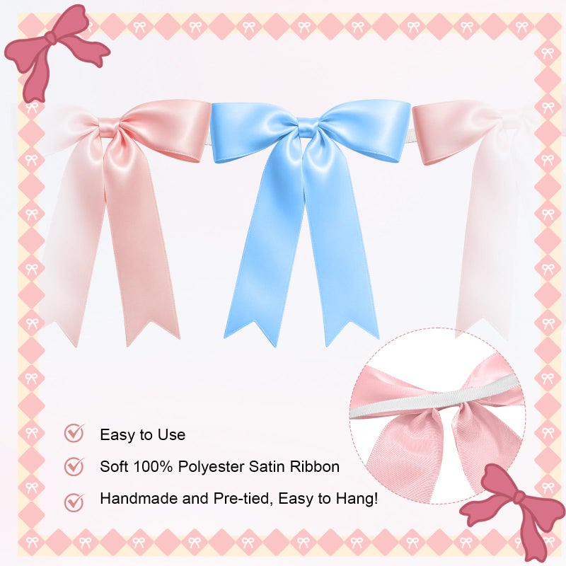 EONSUI 2 Strings of 16PCS Baby Pink&Baby Blue Bow Garlands Banner Decoration,Pre-Strung Satin Ribbon Ornaments for Gender Reveal Party,Baby Shower,Birthday,Bridal Shower,Graduation Decor,Anniversary,Wedding - Image 3