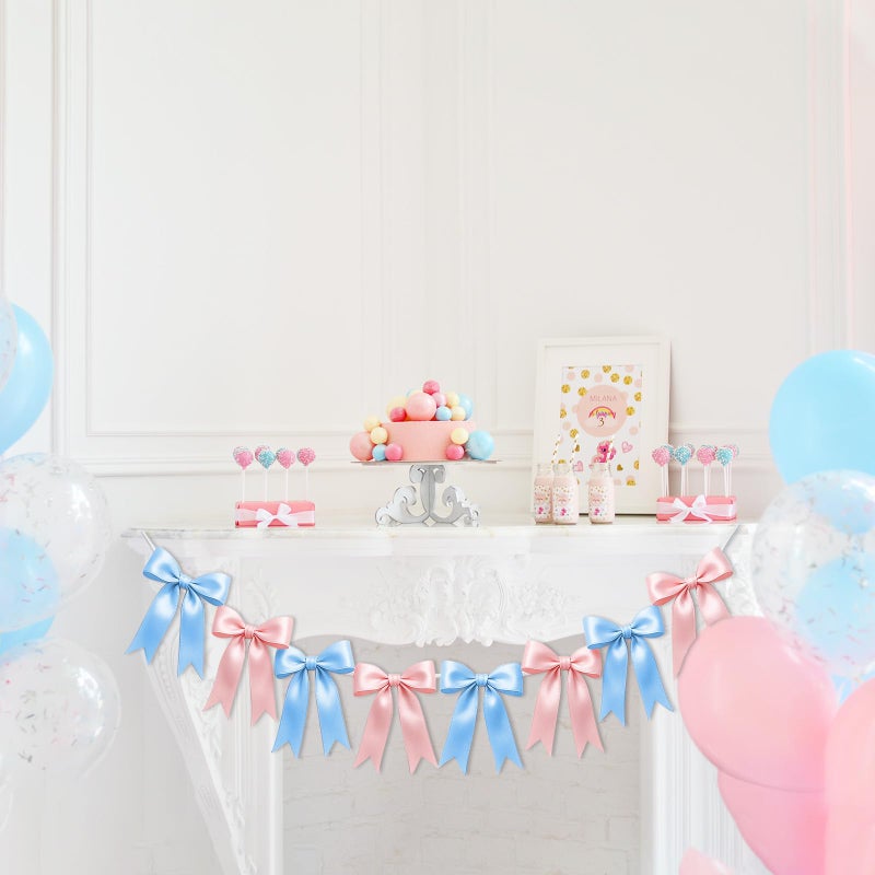 EONSUI 2 Strings of 16PCS Baby Pink&Baby Blue Bow Garlands Banner Decoration,Pre-Strung Satin Ribbon Ornaments for Gender Reveal Party,Baby Shower,Birthday,Bridal Shower,Graduation Decor,Anniversary,Wedding - Image 4