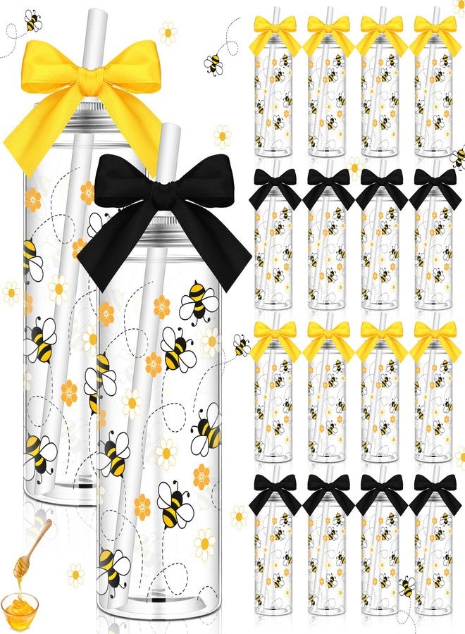 Singhoow 12 Pcs Bee Floral Party Plastic Cups with Lids and Straws 14 oz Reusable Honeybee Drinking Cups with Ribbon Bow for kitchen Bee Theme Baby Shower & Birthday Party Favors - Image 1