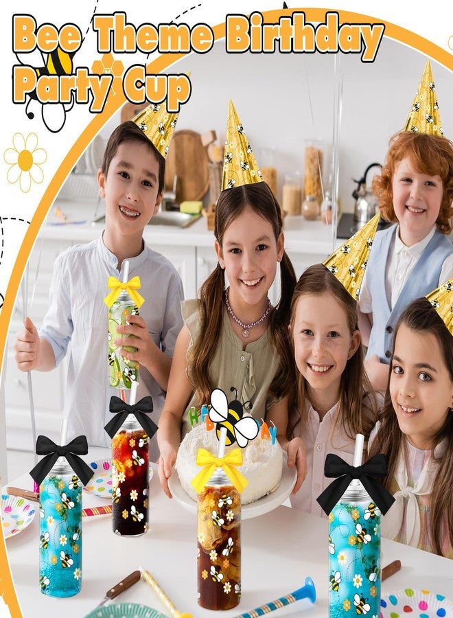 Singhoow 12 Pcs Bee Floral Party Plastic Cups with Lids and Straws 14 oz Reusable Honeybee Drinking Cups with Ribbon Bow for kitchen Bee Theme Baby Shower & Birthday Party Favors - Image 5
