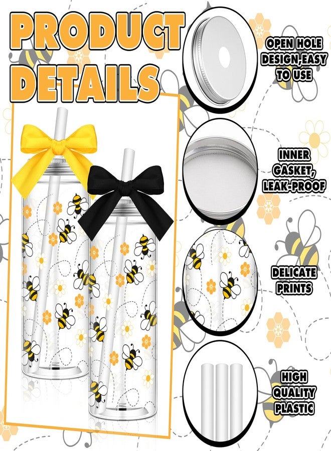 Singhoow 12 Pcs Bee Floral Party Plastic Cups with Lids and Straws 14 oz Reusable Honeybee Drinking Cups with Ribbon Bow for kitchen Bee Theme Baby Shower & Birthday Party Favors - Image 3
