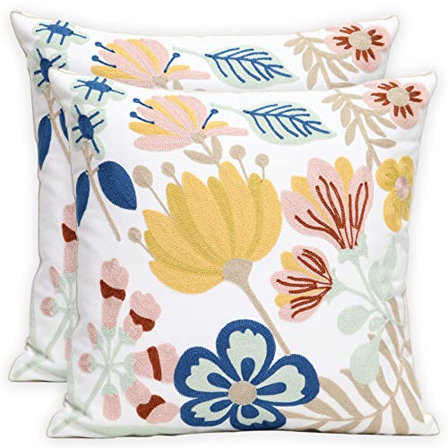 Pilmandu Pack of 2 Embroidered Decorative Throw Pillow Cover 18x18 Inch Farmhouse Floral Pillowcase for Living Room Sofa Bed Floral - Image 1