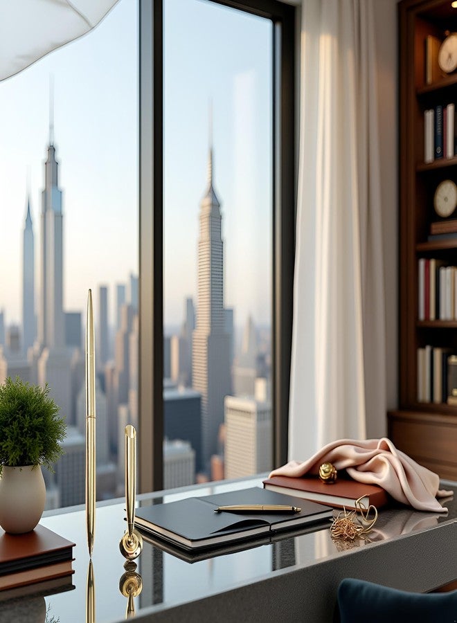 طقم أقلام مكتبية معدنية ذهبية من WLngtv مع حامل، قاعدة دائرية، قلم حبر جاف للتوقيعات المكتبية، طقم أقلام حبر جاف للمناسبات المكتبية، قاعدة ملحقة، لوازم كتابة مكتبية - Image 3