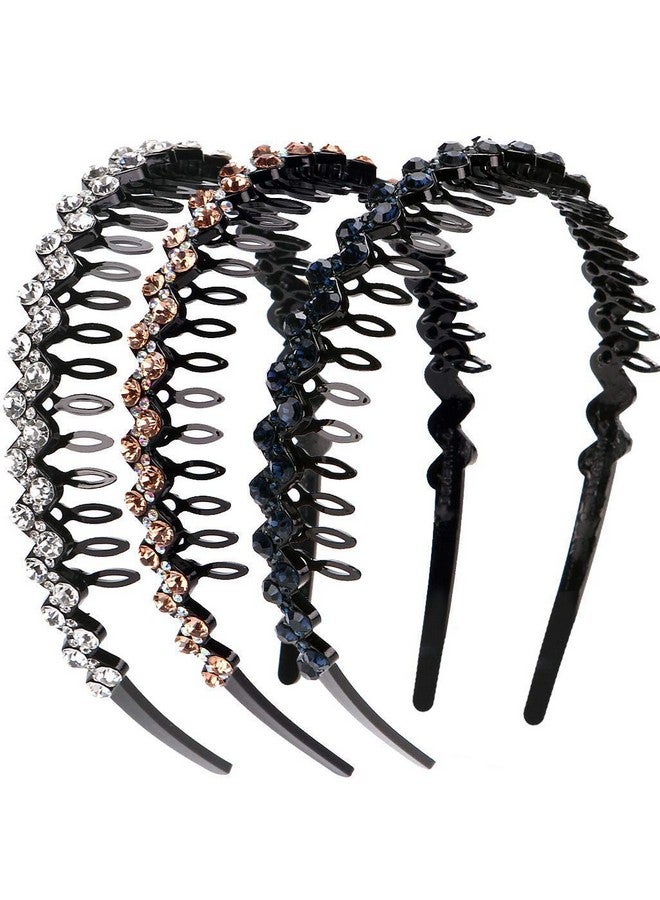 LONEEDY Wave Rhinestone And Crystal Teeth Comb Headbands For Women Nonslip Hard Headbands (Silver+Gold+Dark Blue) - Image 1