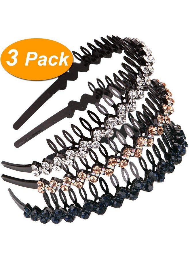 LONEEDY Wave Rhinestone And Crystal Teeth Comb Headbands For Women Nonslip Hard Headbands (Silver+Gold+Dark Blue) - Image 2