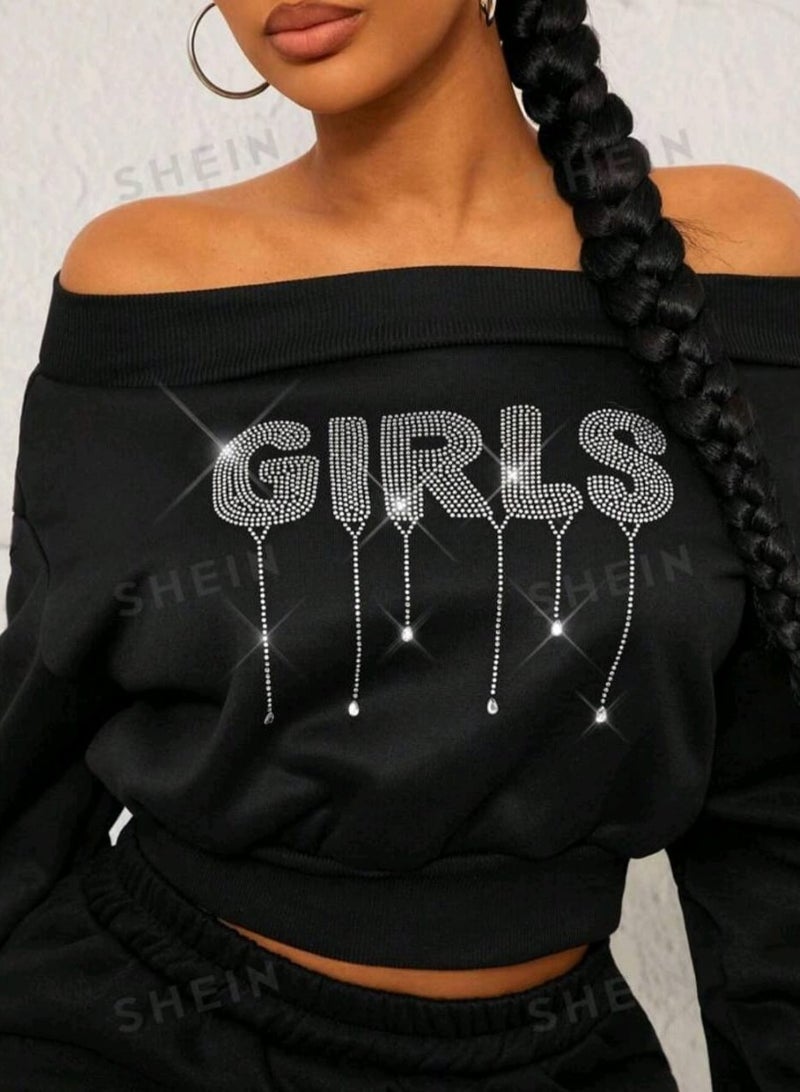 Shein SHEIN Thermal Lined Off-Shoulder Black Sweatshirt With Rhinestones, Autumn Winter Off The Shoulder Shirt - Image 1