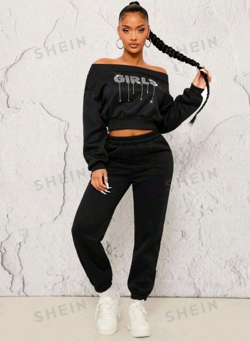 Shein SHEIN Thermal Lined Off-Shoulder Black Sweatshirt With Rhinestones, Autumn Winter Off The Shoulder Shirt - Image 3