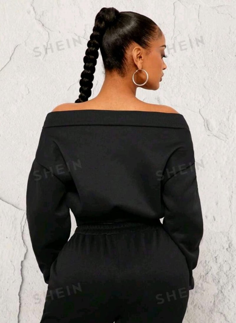 Shein SHEIN Thermal Lined Off-Shoulder Black Sweatshirt With Rhinestones, Autumn Winter Off The Shoulder Shirt - Image 4