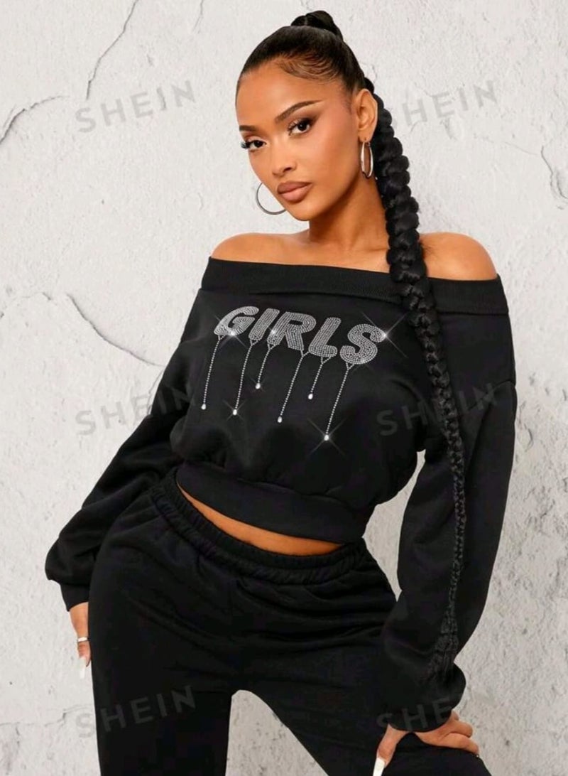 Shein SHEIN Thermal Lined Off-Shoulder Black Sweatshirt With Rhinestones, Autumn Winter Off The Shoulder Shirt - Image 5