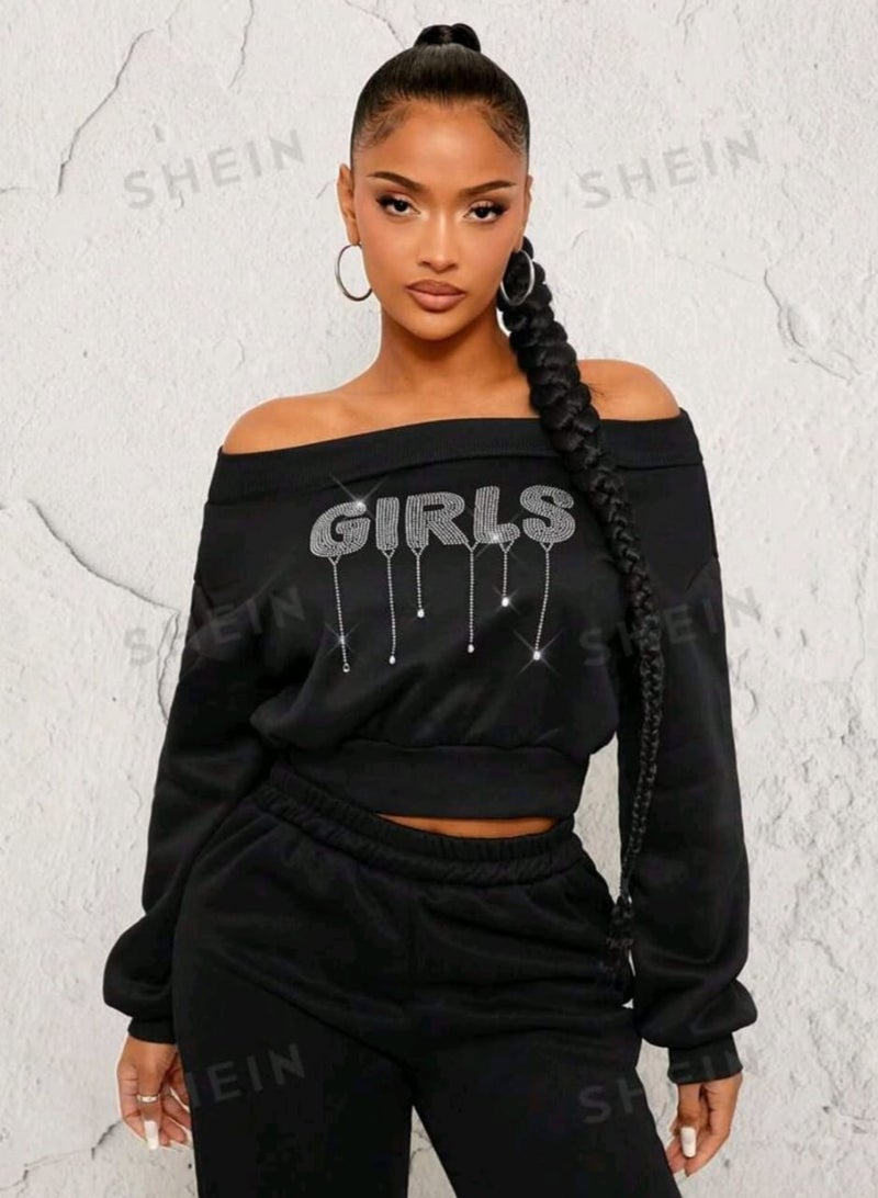 SHEIN Thermal Lined Off-Shoulder Black Sweatshirt With Rhinestones, Autumn Winter Off The Shoulder Shirt