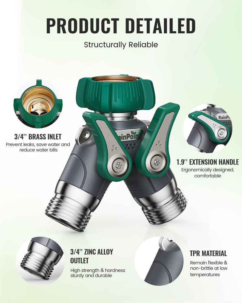 RAINPOINT Garden Hose Splitter 2 Way Heavy Duty, 3/4'' Connector Water Hose Bib Y Spigot Splitter with Shut-Off Valve, 100% Metal Body Full Flow Outdoor Water Faucet Adapter Fittings (1 Pack) - Image 3