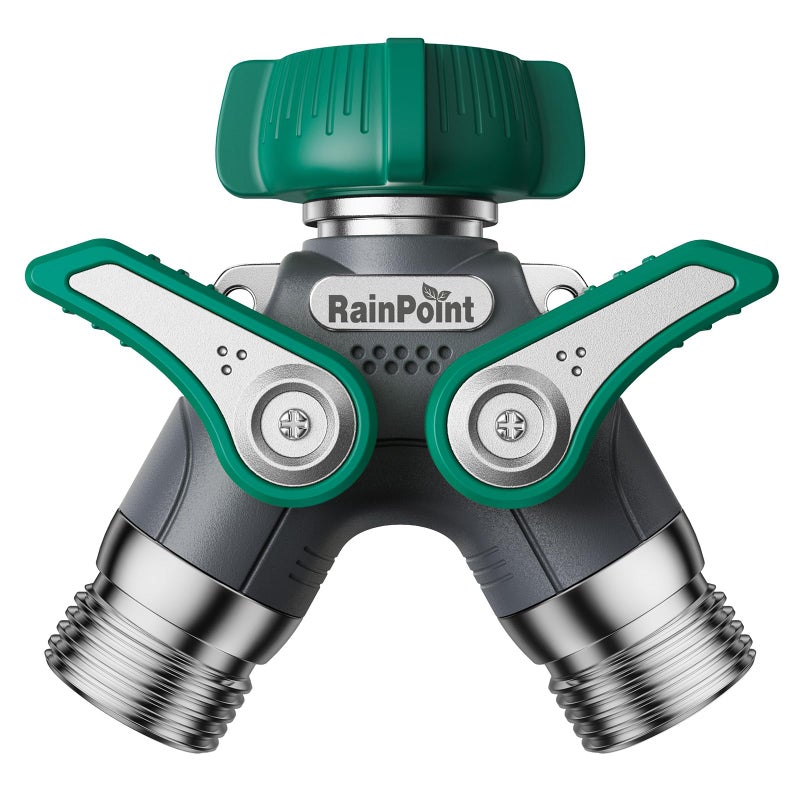 RAINPOINT Garden Hose Splitter 2 Way Heavy Duty, 3/4'' Connector Water Hose Bib Y Spigot Splitter with Shut-Off Valve, 100% Metal Body Full Flow Outdoor Water Faucet Adapter Fittings (1 Pack) - Image 1
