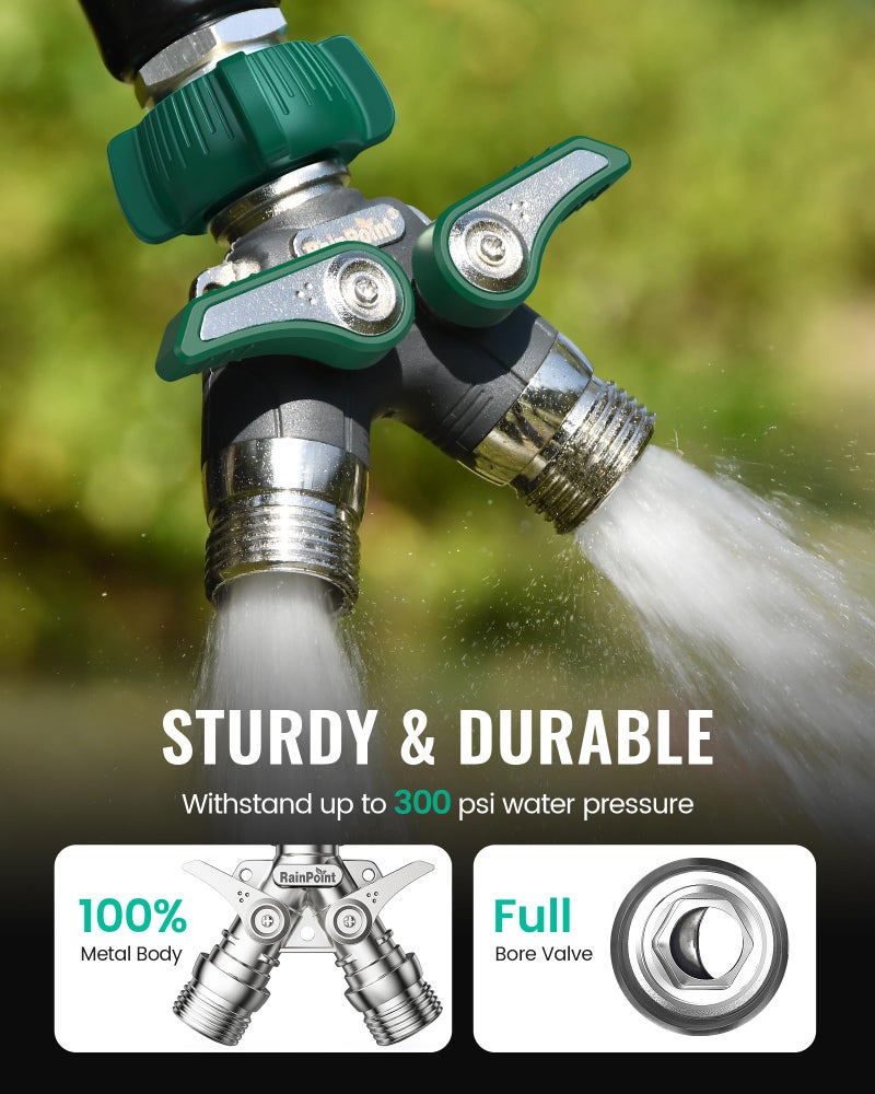 RAINPOINT Garden Hose Splitter 2 Way Heavy Duty, 3/4'' Connector Water Hose Bib Y Spigot Splitter with Shut-Off Valve, 100% Metal Body Full Flow Outdoor Water Faucet Adapter Fittings (1 Pack) - Image 2
