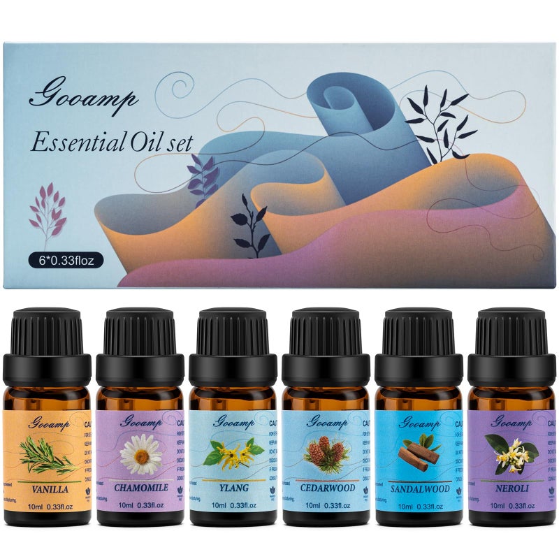 Gooamp Essential Oils Set-Top 6 Organic Blends for Diffusers, Candle Making, Aromatherapy, Humidifiers, Gifts - Vanilla,Neroli,Chamomile, Sandalwood, Ylang,Cedarwood(6X0.33 fl oz) - Image 1
