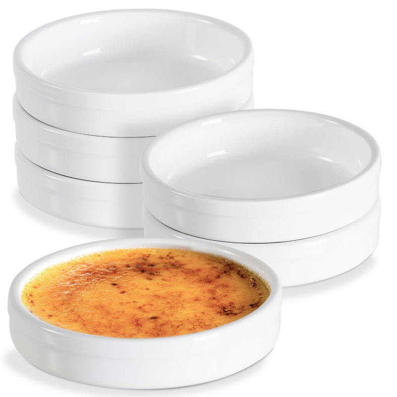ONEMORE Ramekins 4 oz Creme Brulee Ramekins Oven Safe Ceramic Shallow Souffle Dishes for Baking Custard Mini Pies Puddings and Dipping Sauces 45 inch White Mini Round Quiche Pans Set of 6