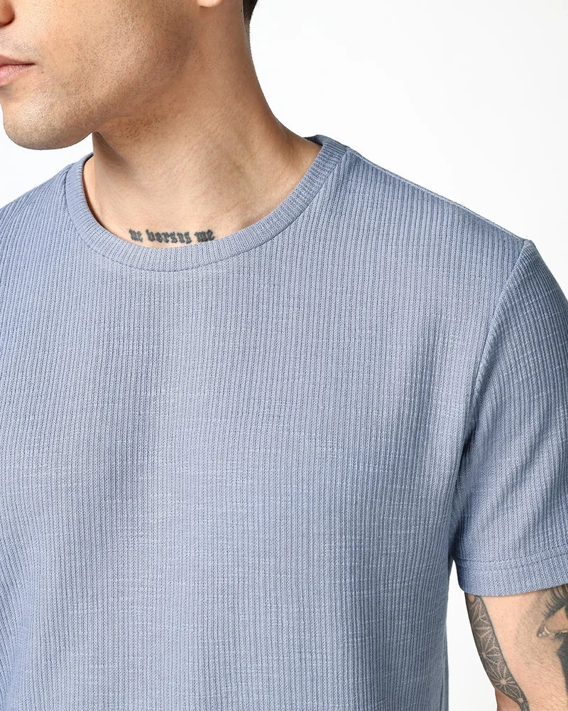bewakoof Men's Light Blue Textured T-shirt
