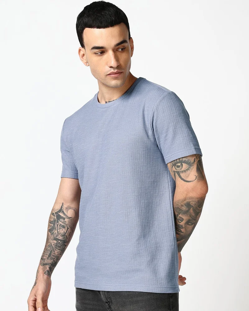 bewakoof Men's Light Blue Textured T-shirt