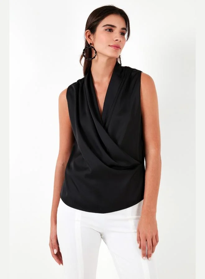 Lela Lela Wrap-Neck Sleeveless Satin Blouse Women's BLOUSE 611BZ0341
