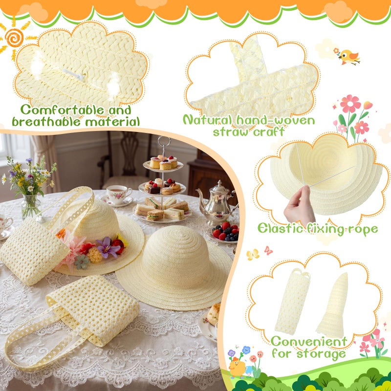 Funnysoft 12 Sets DIY Straw Hat with Handbag Tea Party Hat and Purse for Beach Summer Farmer Cap Birthday Party Travel Gift(Milky White) - Image 3