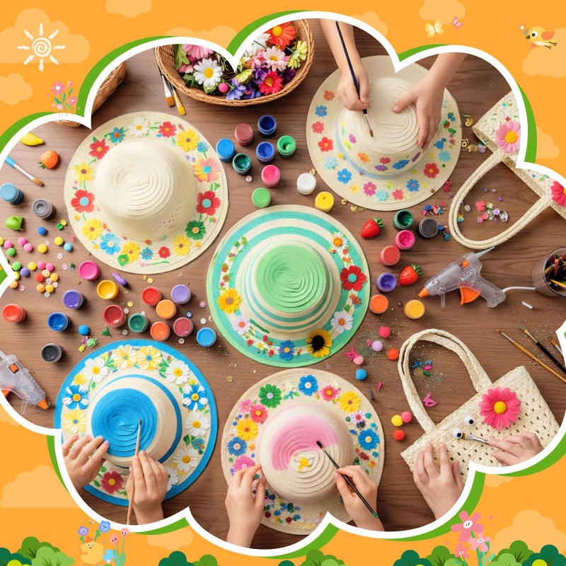 Funnysoft 12 Sets DIY Straw Hat with Handbag Tea Party Hat and Purse for Beach Summer Farmer Cap Birthday Party Travel Gift(Milky White) - Image 4