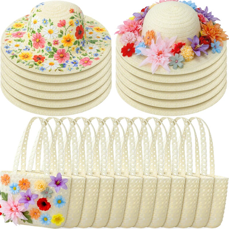 Funnysoft 12 Sets DIY Straw Hat with Handbag Tea Party Hat and Purse for Beach Summer Farmer Cap Birthday Party Travel Gift(Milky White) - Image 1