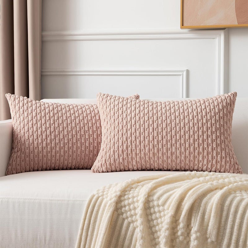 K KEVIN TEXTILE Kevin Textile Pack of 2 Corduroy Decorative Throw Pillow Covers 12x20 Inch Soft Boho Striped Pillow Covers Modern Farmhouse Home Decor for Spring Sofa Living Room Couch Bed Pink  - Image 1