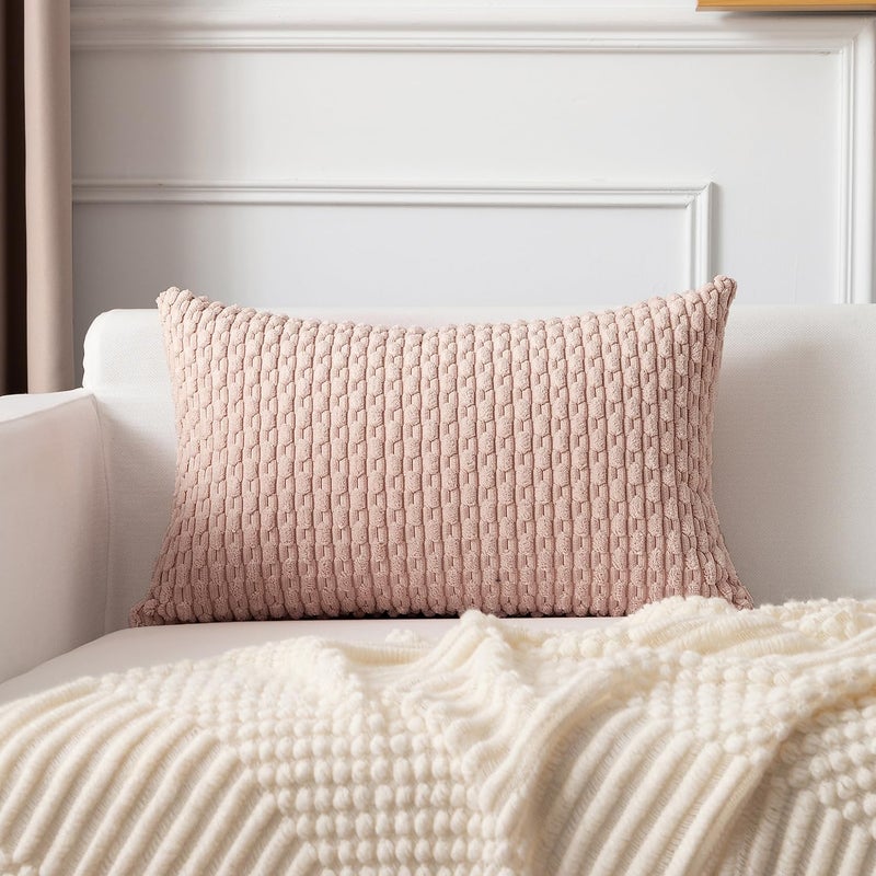 K KEVIN TEXTILE Kevin Textile Pack of 2 Corduroy Decorative Throw Pillow Covers 12x20 Inch Soft Boho Striped Pillow Covers Modern Farmhouse Home Decor for Spring Sofa Living Room Couch Bed Pink  - Image 4