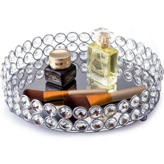 Marigold Stores Round Clear Beaded Glass Crystal Tray for Home Decor with Strong Metal Base & Reflective Mirrored Top/ Gift/Perfume/ Jewellery Organiser Tray / Wedding Ring Platter - By Marigold Stores�  - Image 2