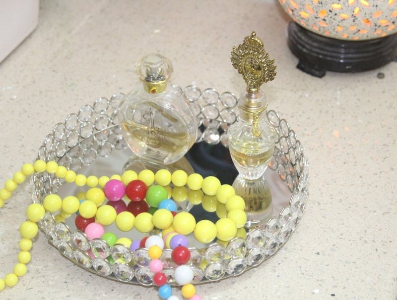 Marigold Stores Round Clear Beaded Glass Crystal Tray for Home Decor with Strong Metal Base & Reflective Mirrored Top/ Gift/Perfume/ Jewellery Organiser Tray / Wedding Ring Platter - By Marigold Stores�  - Image 3