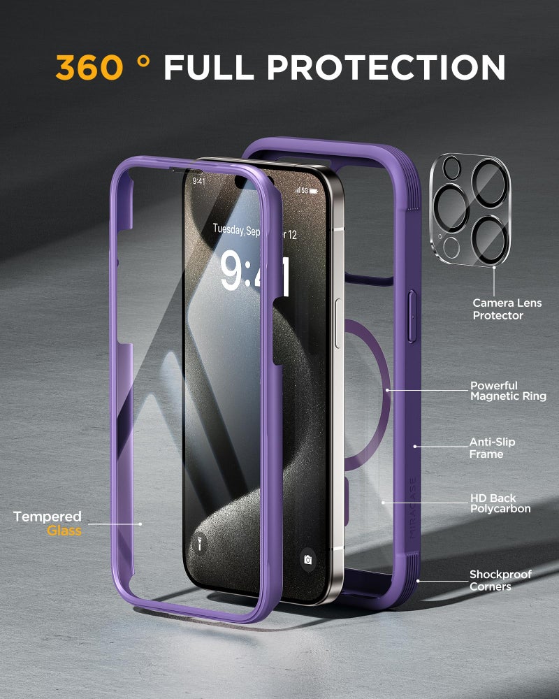 Miracase Magnetic for iPhone 15 Pro Case [Compatible with MagSafe] Full-Body Bumper Phone case with Built-in Glass Screen Protector& Camera Protector, Military Drop Proof 15 Pro Cover, Magnetic Purple - Image 2