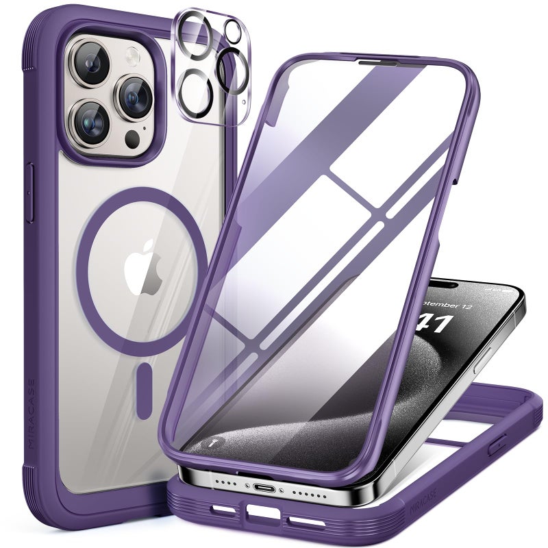 Miracase Magnetic for iPhone 15 Pro Case [Compatible with MagSafe] Full-Body Bumper Phone case with Built-in Glass Screen Protector& Camera Protector, Military Drop Proof 15 Pro Cover, Magnetic Purple - Image 1