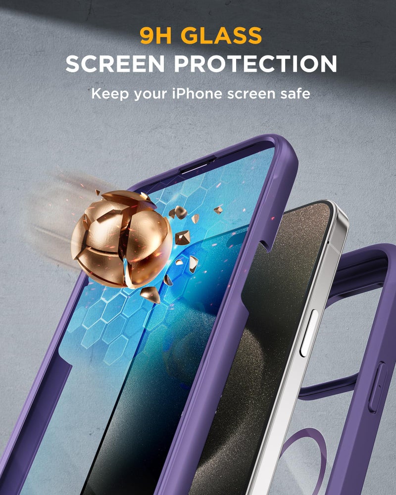 Miracase Magnetic for iPhone 15 Pro Case [Compatible with MagSafe] Full-Body Bumper Phone case with Built-in Glass Screen Protector& Camera Protector, Military Drop Proof 15 Pro Cover, Magnetic Purple - Image 3