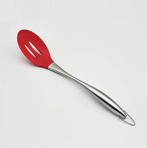 we3 Kitchen Silicone Mixing Spoon,Cooking Utensils Silicone Serving Spoon with Heat Resistant Silicone Covering Head and Stay-Cool Stainless Steel Handles|Steel Spoon with Hole 35 cm Long| (RED) - Image 1