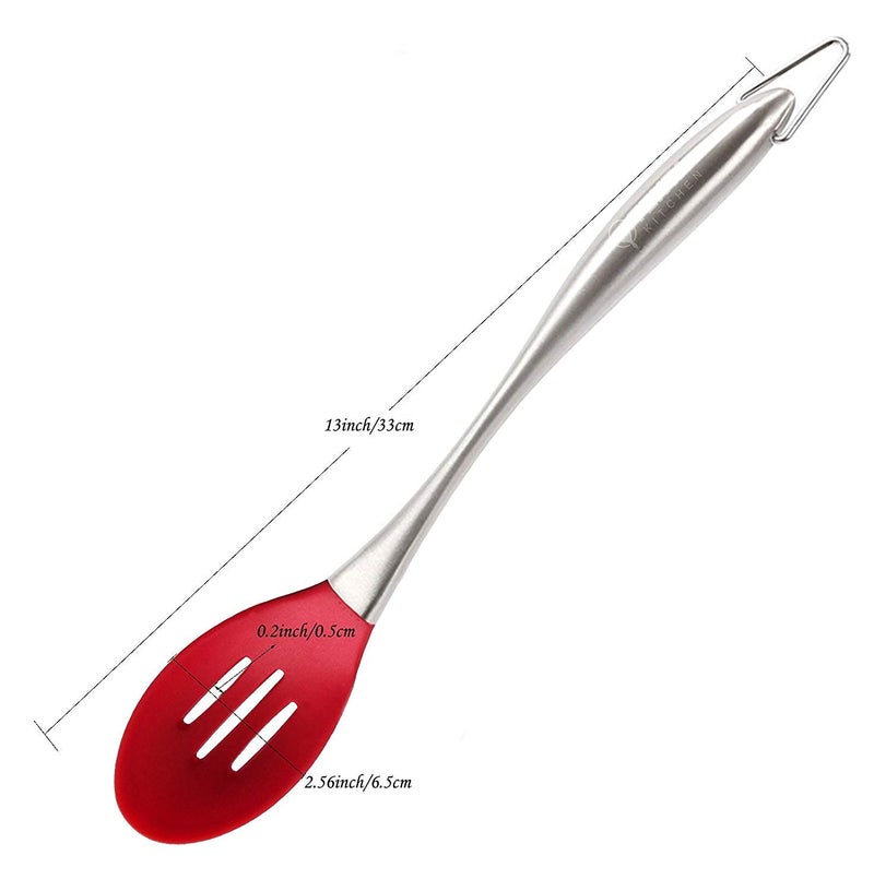 we3 Kitchen Silicone Mixing Spoon,Cooking Utensils Silicone Serving Spoon with Heat Resistant Silicone Covering Head and Stay-Cool Stainless Steel Handles|Steel Spoon with Hole 35 cm Long| (RED) - Image 5