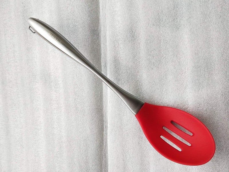 we3 Kitchen Silicone Mixing Spoon,Cooking Utensils Silicone Serving Spoon with Heat Resistant Silicone Covering Head and Stay-Cool Stainless Steel Handles|Steel Spoon with Hole 35 cm Long| (RED) - Image 4