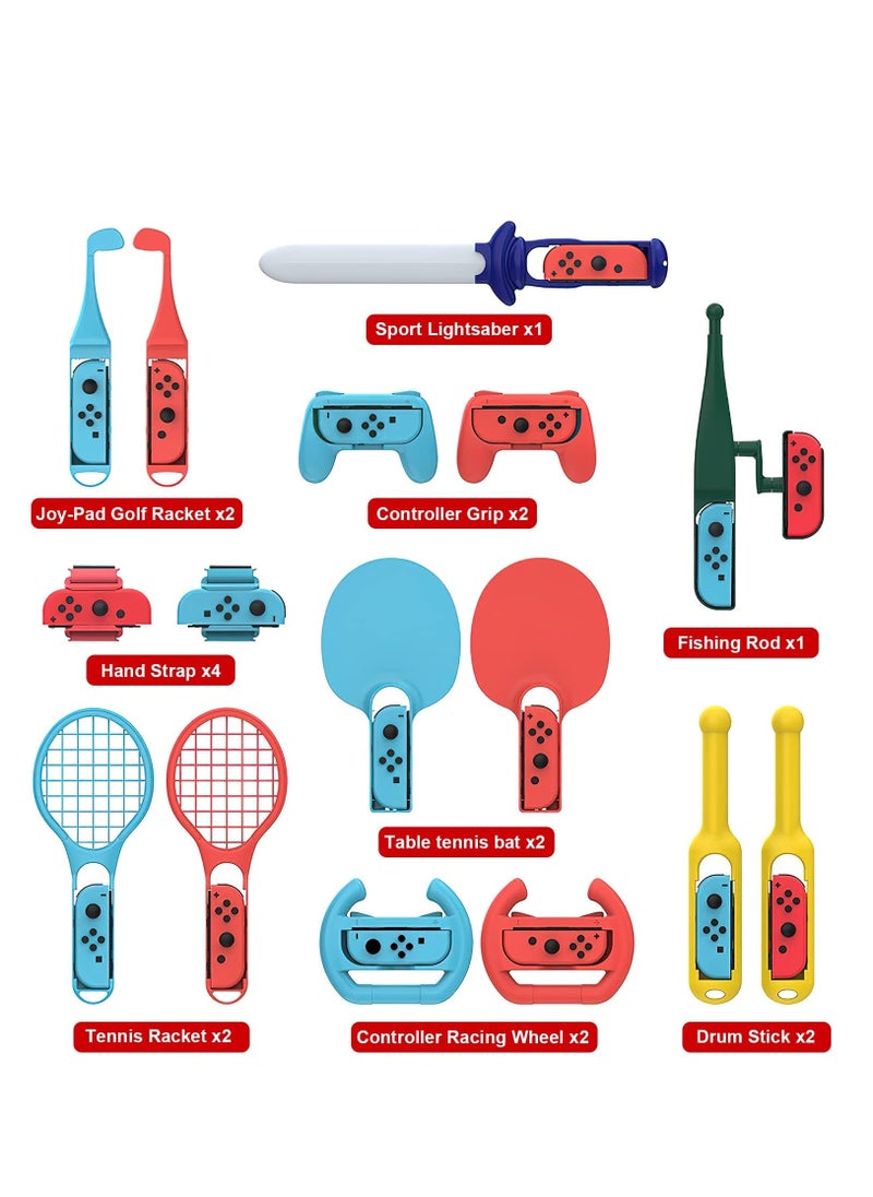 YelaJoy 18 in 1 Switch Sport Games Accessories Bundle for Nintendo Switch Games, Family Bundle Accessory Kit with Tennis Racket Controller Grips Racing Wheel Bandage Golf Club Wheels Drum Stick Fishing Rod  - Image 3